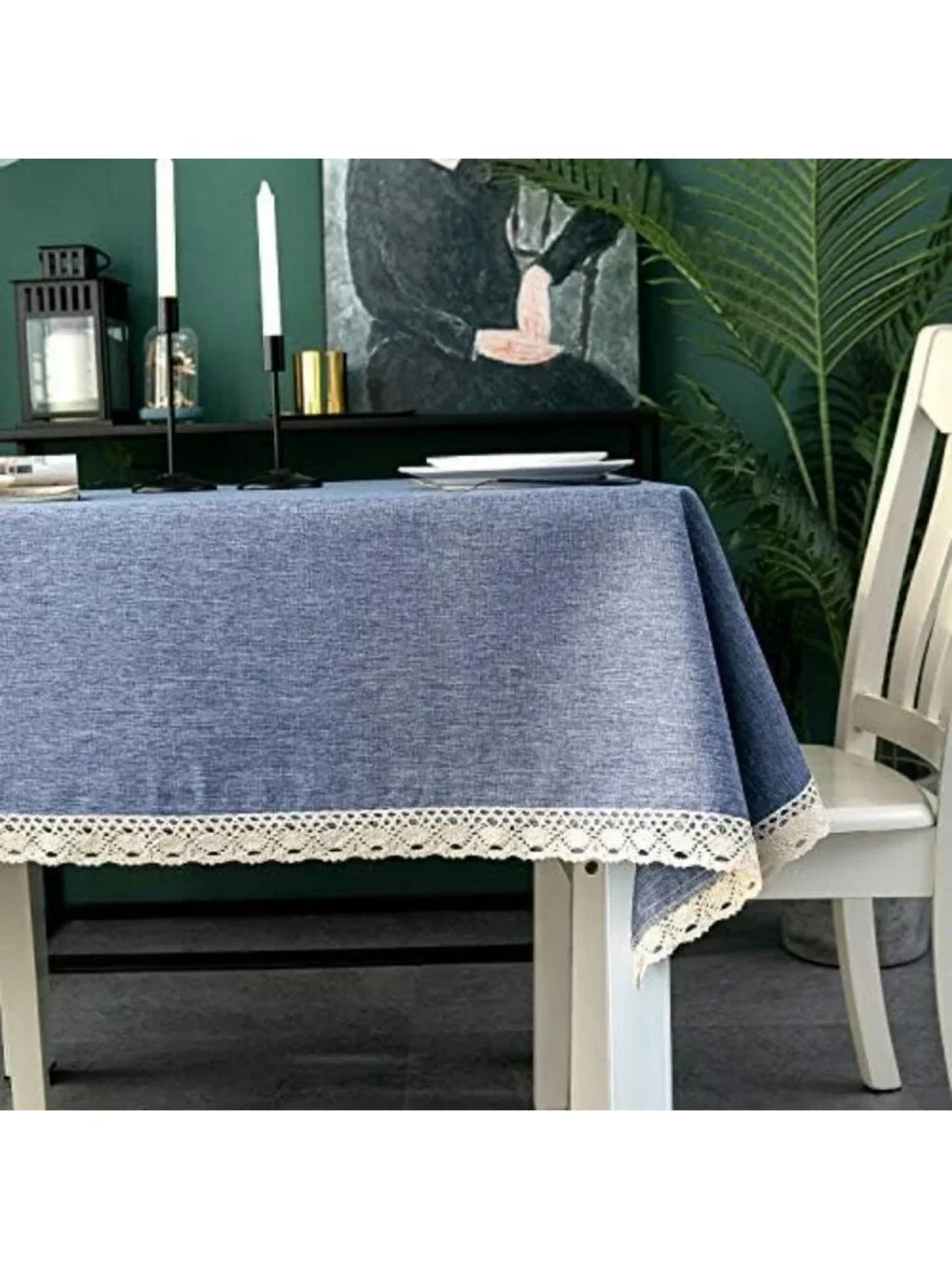 Waterproof Faux Linen Tablecloth with Lace Trim - Stain Resistant, 70x70” for